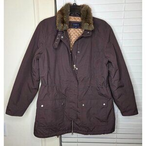 Lands End Womens Brown Parka Coat M 10-12 Faux Fur Collar Quilted Lining Nylon